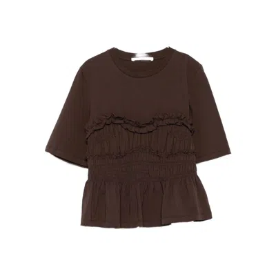 Cecilie Bahnsen Vilde Ruffled Shirred Cotton-jersey T-shirt In Brown