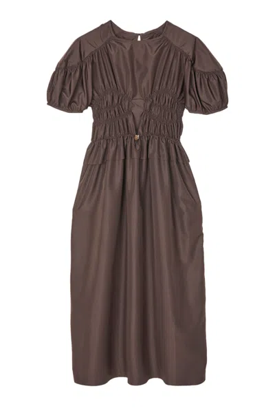 Cecilie Bahnsen Technical Fabric Midi Dress With Draped Waist And Puff Sleeves In Brown