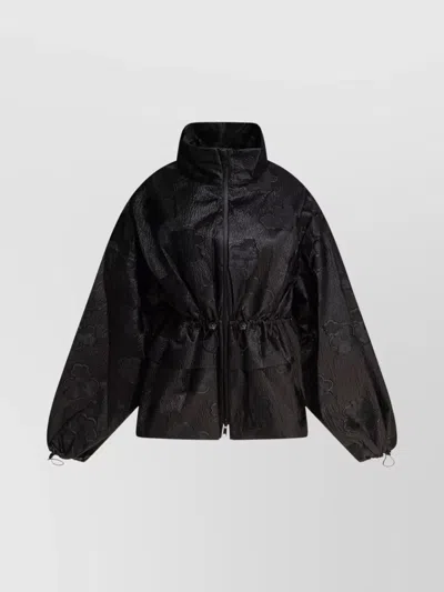 Cecilie Bahnsen Waist Drawstring Floral High Collar Textured Jacket In Black