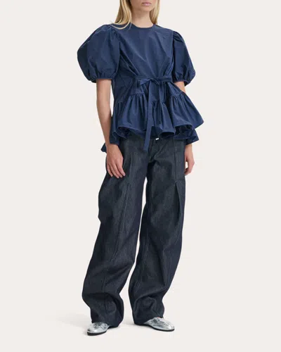 Cecilie Bahnsen Women's Bale Ripstop Puff-sleeve Peplum Top In Blue
