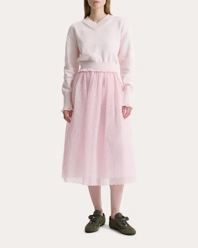 Cecilie Bahnsen Women's Drusilla Wool Knit Ruffle V-neck Sweater In Pink
