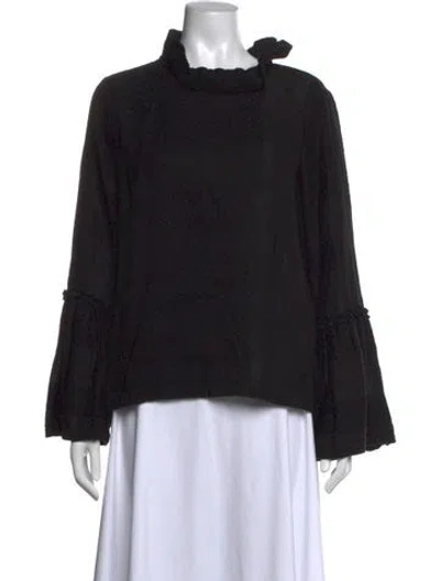 Pre-owned Cecilie Copenhagen Patterned Tie Neck Top In Black