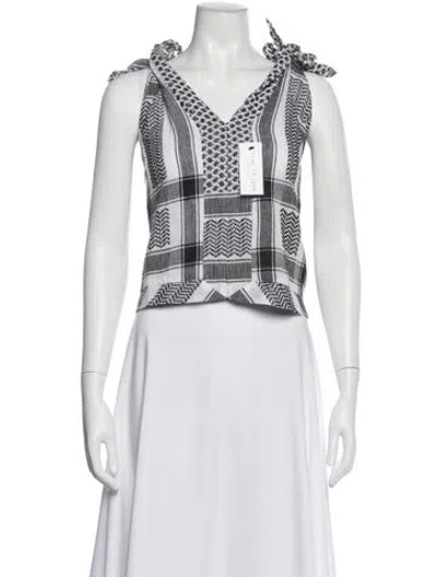 Pre-owned Cecilie Copenhagen Plaid Print V-neck Top In White