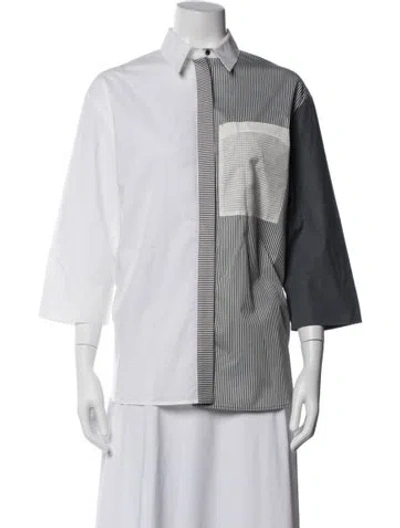 Pre-owned Cedric Charlier Colorblock Pattern Three-quarter Sleeve Top In White