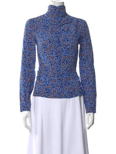Pre-owned Cedric Charlier Floral Print Turtleneck Blouse In Blue