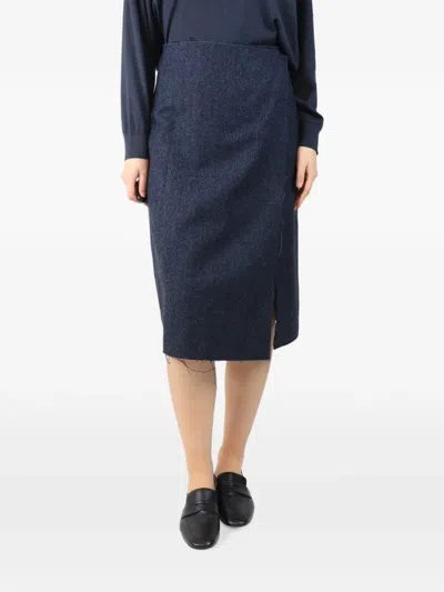 Pre-owned Cedric Charlier Herringbone-pattern Side-slit Midi Skirt In Blue