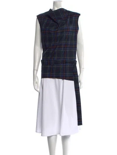 Pre-owned Cedric Charlier Virgin Wool Plaid Print Top In Blue