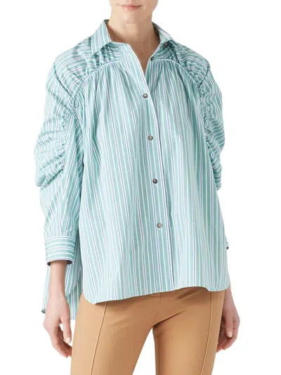 Cedric Charlier Women's Striped Ruched Sleeve Shirt In Green