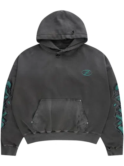 Ceec Distressed-effect Embroidered Hoodie In Grey