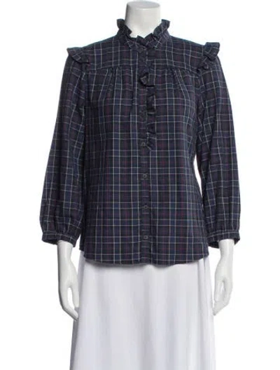 Pre-owned Cefinn Plaid Print Three-quarter Sleeve Blouse In Blue