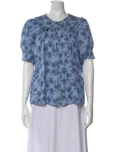 Pre-owned Cefinn Printed Short Sleeve Blouse In Blue