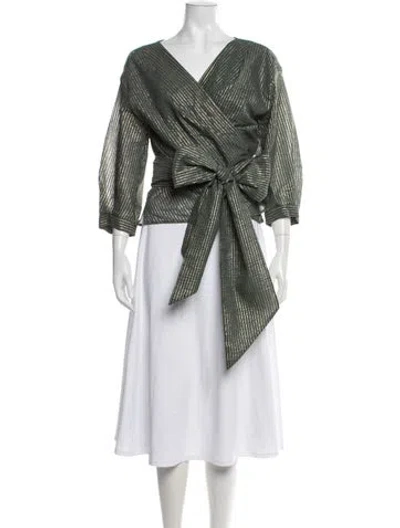 Pre-owned Cefinn Striped V-neck Blouse In Green