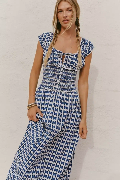 Celandine 100% Cotton Ruffle Trim Maxi Dress In Blue