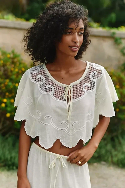 Celandine 100% Cotton Scalloped Cape Blouse In White