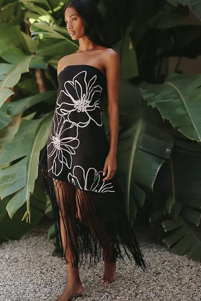 Celandine Asymmetrical Fringed Bandeau Midi Dress In Black