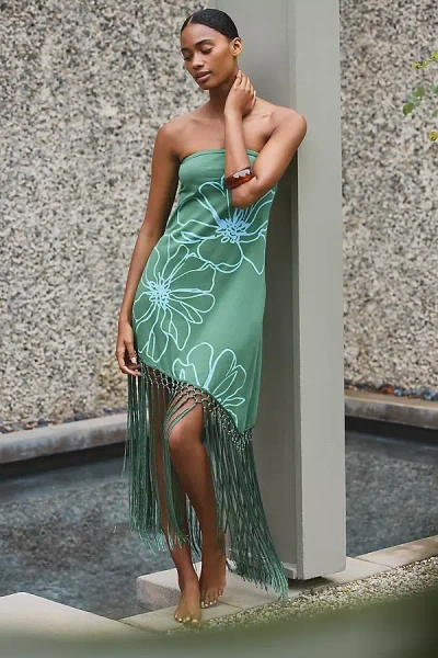 Celandine Asymmetrical Fringed T-shirt Dress In Green