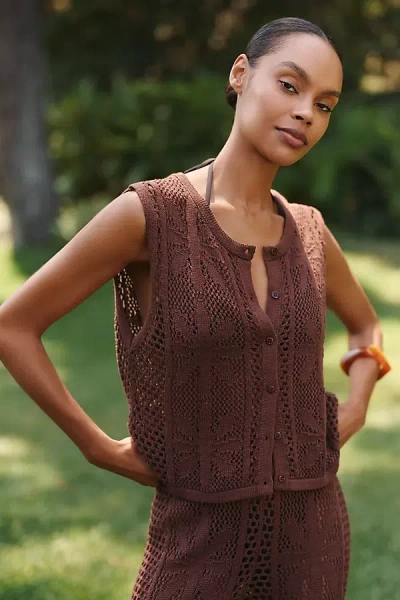 Celandine Bloom Crochet Button Front Top In Brown