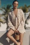 Celandine Crochet Long-sleeve Mini Kaftan In Beige