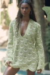 Celandine Crochet Long-sleeve Mini Kaftan In Green