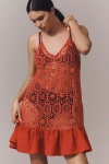 Celandine Crochet Ruffle Tunic Top In Red