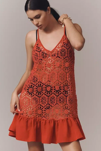 Celandine Crochet Ruffle Tunic Top In Red