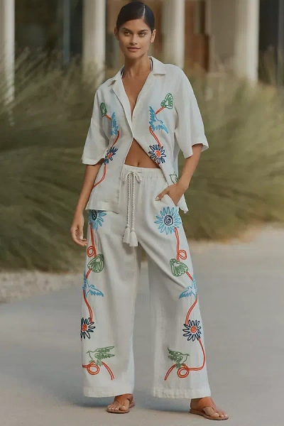 Celandine Embroidered Linen Blend Wide-leg Pants In White