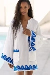 Celandine Embroidered Wave Cotton Linen Blend Mini Shift Dress In Blue