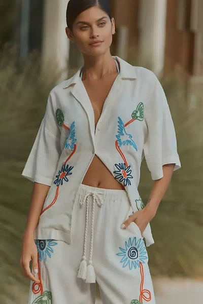 Celandine Linen Blend Embroidered Short-sleeve Buttondown Shirt