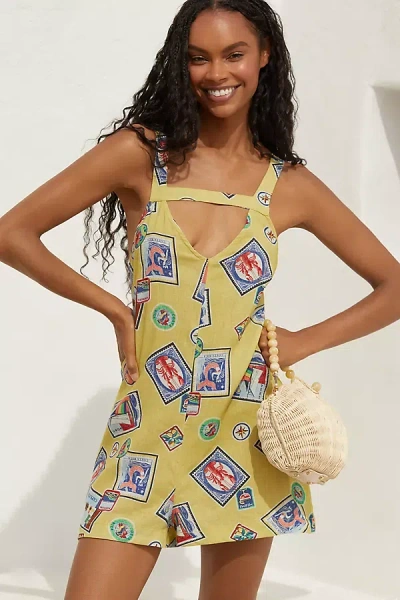 Celandine Linen Blend Scarf Romper In Yellow