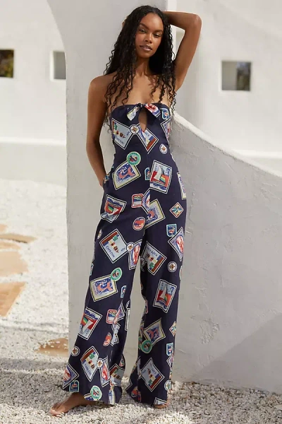 Celandine Linen Blend Strapless Jumpsuit In Blue