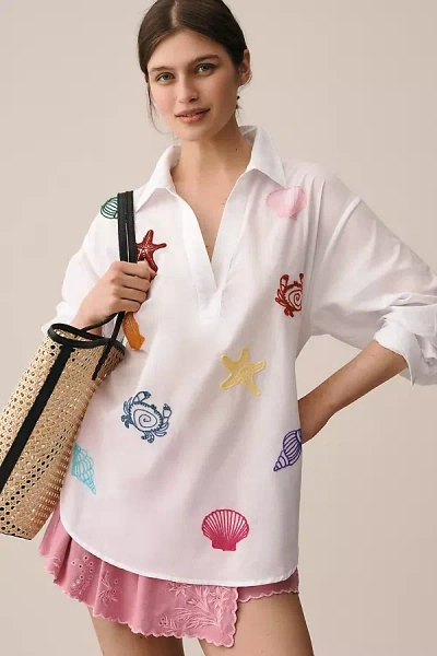 Celandine Long-sleeve Embroidered Seashell Tunic Top