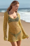Celandine Long-sleeve Sheer Sequin Mesh Cover-up Mini Dress In Green