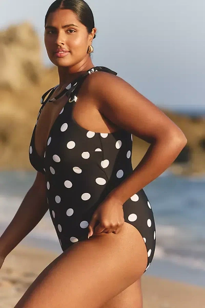 Celandine Polka-dot Plunge One-piece Swimsuit In Black