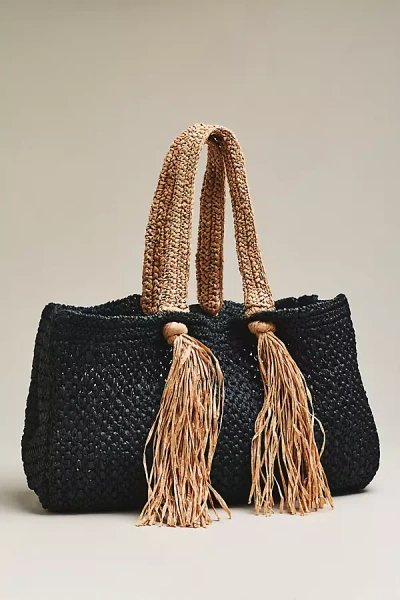 Celandine Raffia Fringe Tote In Black