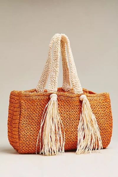 Celandine Raffia Fringe Tote In Orange
