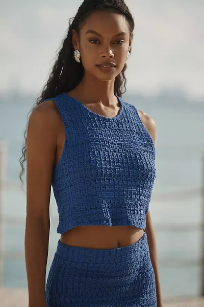 Celandine Sheer Knit Fringe Crop Top In Blue