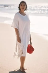 Celandine Short-sleeve Embellished Side Slit Midi Dress In White