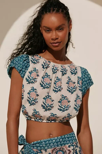 Celandine Short-sleeve Tie-back Crop Top In Multicolor