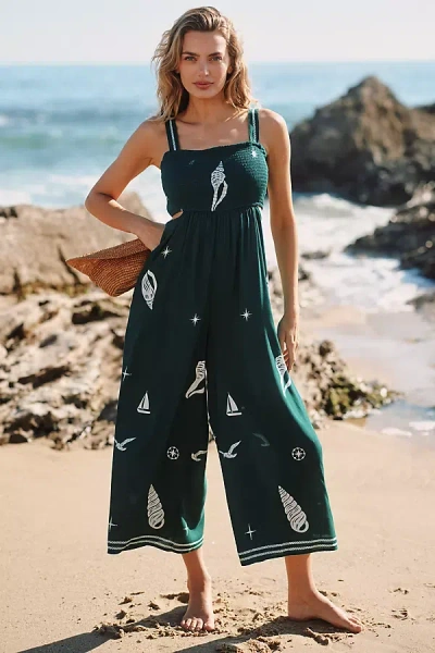 Celandine Square-neck Smocked Cutout Jumpsuit In Green
