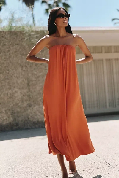 Celandine Strapless Twist-front Midi Dress In Orange