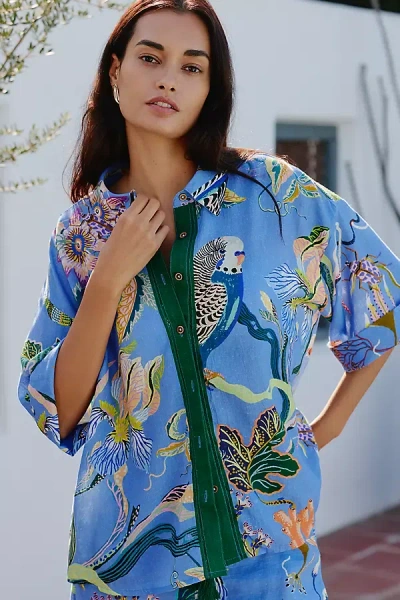 Celandine X Sarah Gordon Linen Blend Buttondown Shirt In Blue