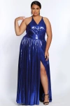 Celebrations By Sydneys Closet A-line Plus Size Metallic Formal Dress In Indigo