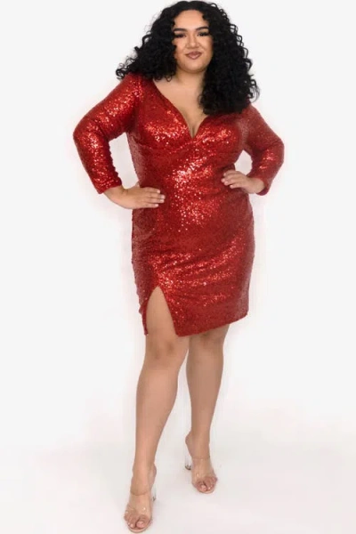 Celebrations By Sydneys Closet Celebrations By Sydney's Closet Long Sleeve Sequin V-neck Plus Size Party Dress In Ruby Red