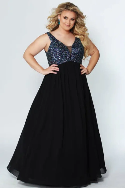 Celebrations By Sydneys Closet Sequin Empire Plus Size Evening Gown In Black/multi