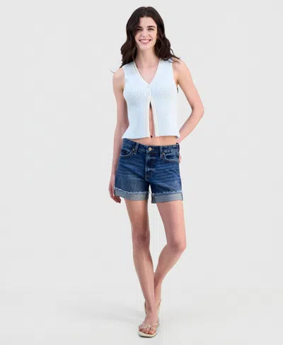 Celebrity Pink Juniors' Cuffed Raw Hem Mid Rise Denim Shorts In Blue