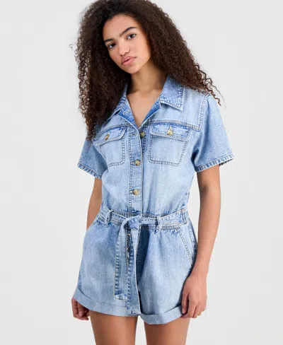 Celebrity Pink Juniors' Denim Short-sleeve Romper In Blue