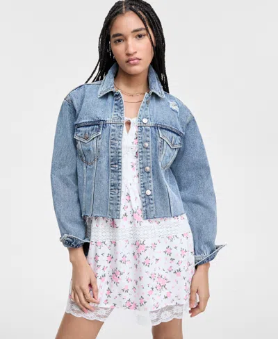 Celebrity Pink Juniors' Distressed Button-front Denim Jacket In Clap Track