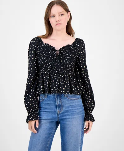 Celebrity Pink Juniors' Ditsy-print Ruffle-trim Babydoll Top In Black