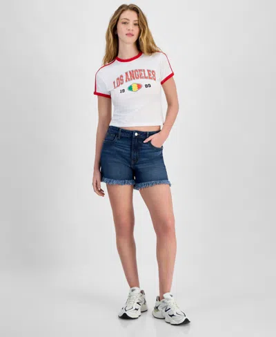 Celebrity Pink Juniors' Festival High-rise Fringe-trim Shorts In Dark Wash