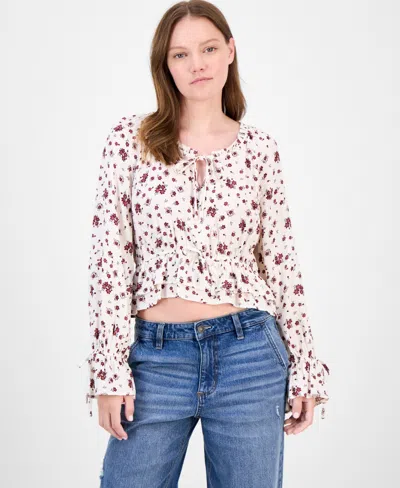 Celebrity Pink Juniors' Floral-print Ruffle-hem Peasant Top In White